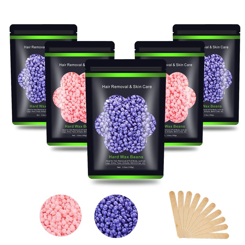Auperwel Wax Beads for Hair Removal 11 lb 176 oz Hard Wax Waxing Beads Kit for Sensitive Skin Brazilian Face Bikini Eyebrow Legs Painless for Women Men 5 packs with 10 Sticks